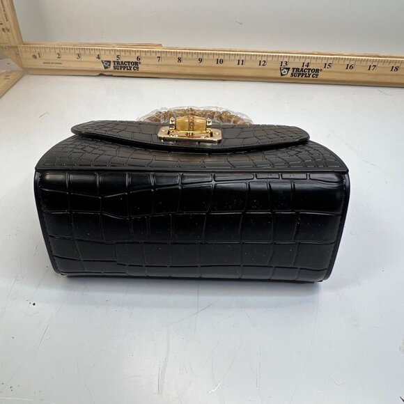 Vintage Style Black Croc Embossed Handbag Bamboo Handle Gold Clasp Purse Bag - Picture 6 of 7